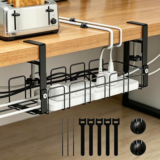 15.7 Inch Under Desk Cable Management Tray - Black No Punch Wire Organizer Holder, Sturdy Metal Rack for Power Strip, Desk Cable Organizer for Home, Office, Standing Desk, Gaming & Streaming Setup by Unknown