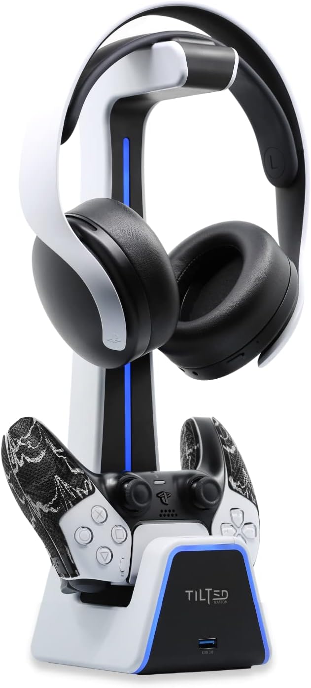 Tilted Nation Gaming Headset and Controller Stand | Premium PS5 Accessories (Clean Space with Charging Station) Headphone and Controller Holder for Desk, PlayStation 5, Xbox Game, by TiltedNation
