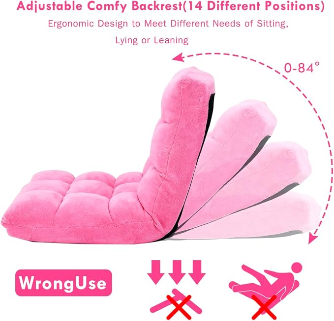 GIANTEX Floor Chairs for Adults, Floor Gaming Chair w/Back Support (Pink) | Coral Velvet, 14 Adjustable Position, Thick Sponge Padding, Floor Seating Lounge for Reading, Watching TV, Meditation - Image 4