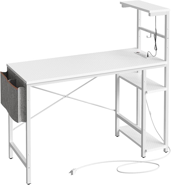 Bestier Gaming Desk with Power Outlets, 44 Inch Led Gamer Desk with 4 Tiers Reversible Shelves, PC Gaming Table with Headset Hook & Side Storage Bag for Bedroom (White 3D Carbon Fiber) - Image 9