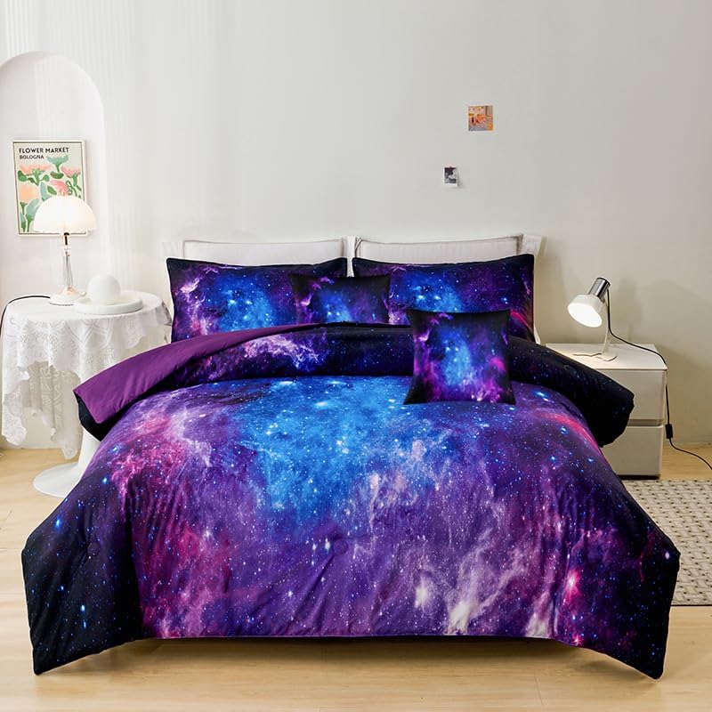 7PCS Purple Comforter Sets Queen,Girls Galaxy Comforter Queen,Girls Bed Sets Queen,Bed in a Bag with Flat Sheet and Fitted Sheet,Pillowcases,Cushion Covers for Girl,Galaxy Bedding Sets by Helloosuucomforterset