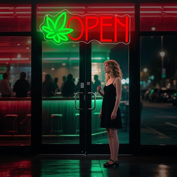 Green Leaf Neon Sign, Open Led Neon Light Signs for Wall Decor LED Light up Sign for Bar Home Beer Bar Pub Night Club Party Hotel Birthday Man Cave Club Pub Party Decor Gift USB Powered(16.2"*6.3") - Image 2