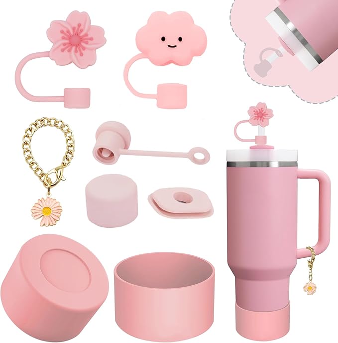 Stanley Cup Accessories Set,Including 2 Pcs 0.4in Straw Cover, 1 Silicone Spill-Proof Stopper Set of 3, 1 Cute Flowers Handle Charm, 1 Silicone Boot Fits Stanley 40&30 Oz Tumbler (Pink 2.0) by Vikgle