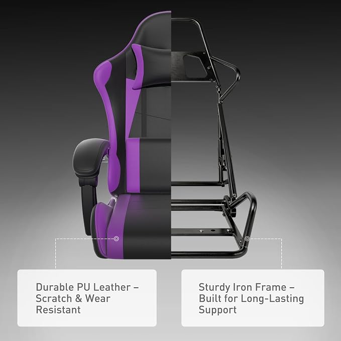MoNiBloom Gaming Chair, Footrest & Lumbar Support, Height Adjust, Purple | Headrest & Lumbar Support, Ergonomic Computer chair, for Adult Teen Office or Gaming,Swivel game chair, leather gaming chair - Image 9