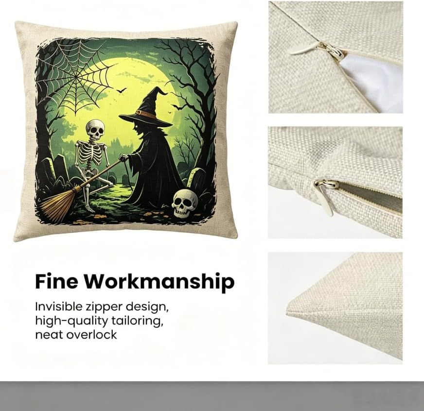 Halloween Throw Pillow Covers, Linen, 18x18 Inch, Set of 2, Witch, Black Cat and Skeleton Spooky Design, Machine Washable - Image 5