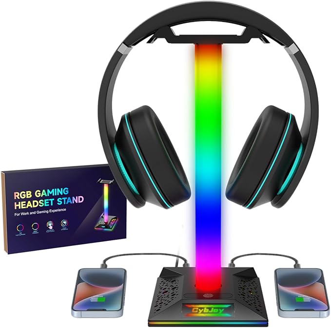 Gaming Headphone Stand PC Accessories - RGB Headset Stand with 2 USB and 1 Type-C Ports, LED Headphone Stand Gift for Boys Men, Computer Game Accessories for Desk by CybJoy