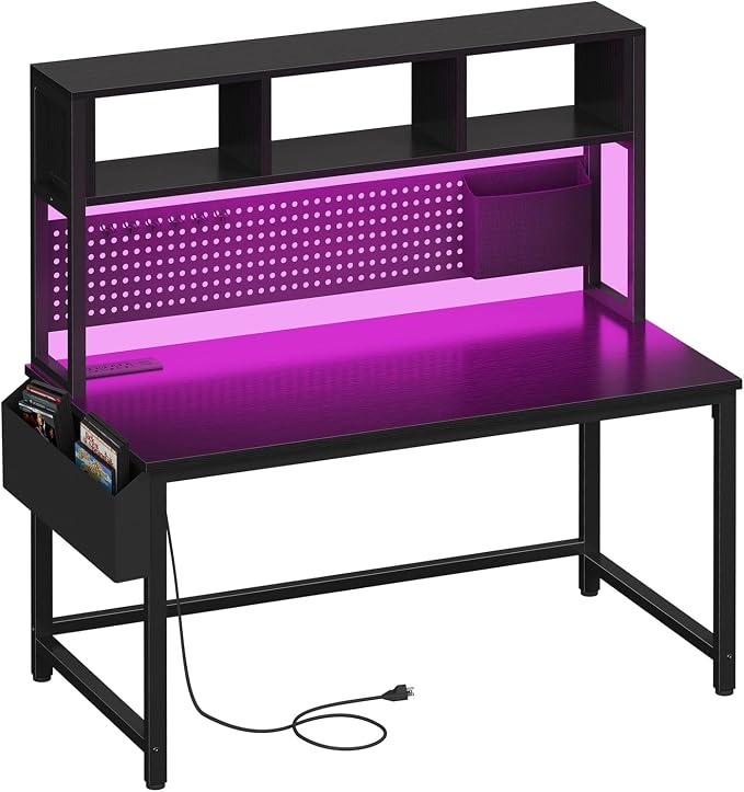 DLisiting Black Gaming Desk with Hutch and Pegboard - 47 Inch Gaming Desk with Shelves Storage Power Outlets, Computer Teen Work Study Writing Desks for Bedroom Home Office - Image 8