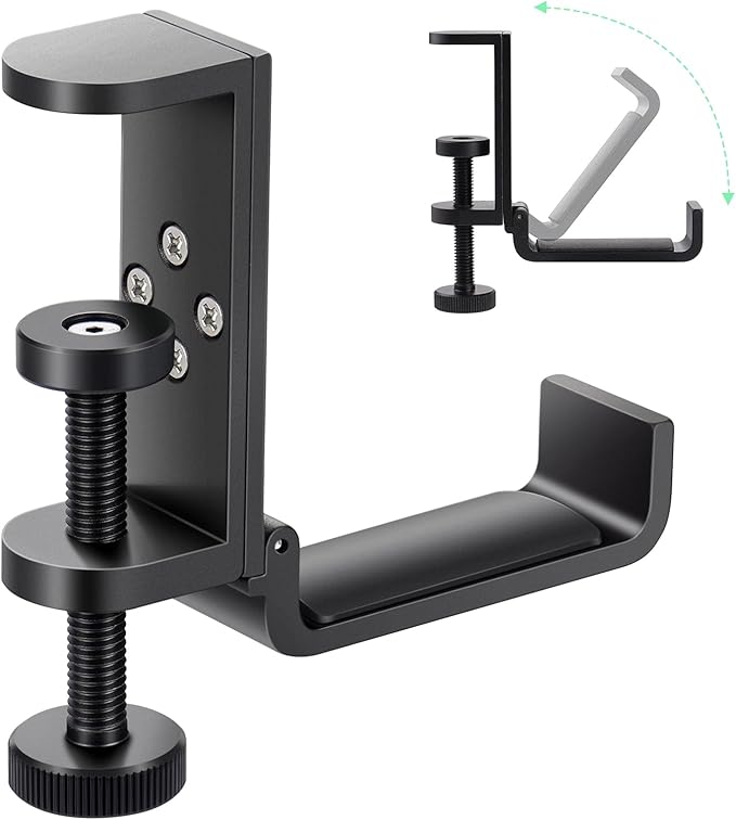 All Aluminum Foldable Headphone Holder for Desk, Headset Stand for Desk,Backpack Holder Hook for Desk,Table Bag Hook,Under Desk Clamp Hook for Gaming PC Accessories,Black by SHINEWIDER