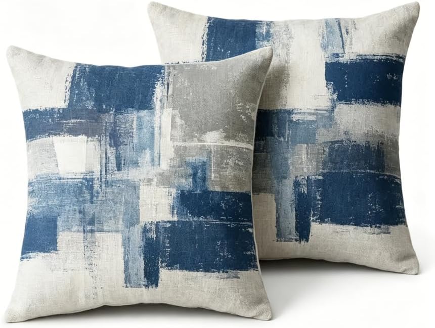 18X18 Inches Abstract Blue Linen Throw Pillow Covers Set of 2, 45x45cm by Unknown