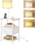 Fixwal Bedside Table with 3 Color Temperatures Bulb Attached, Nightstand with Charging Station and Lights, End Table with Fabric Drawer for Bedroom & Dorm (White) by Fixwal