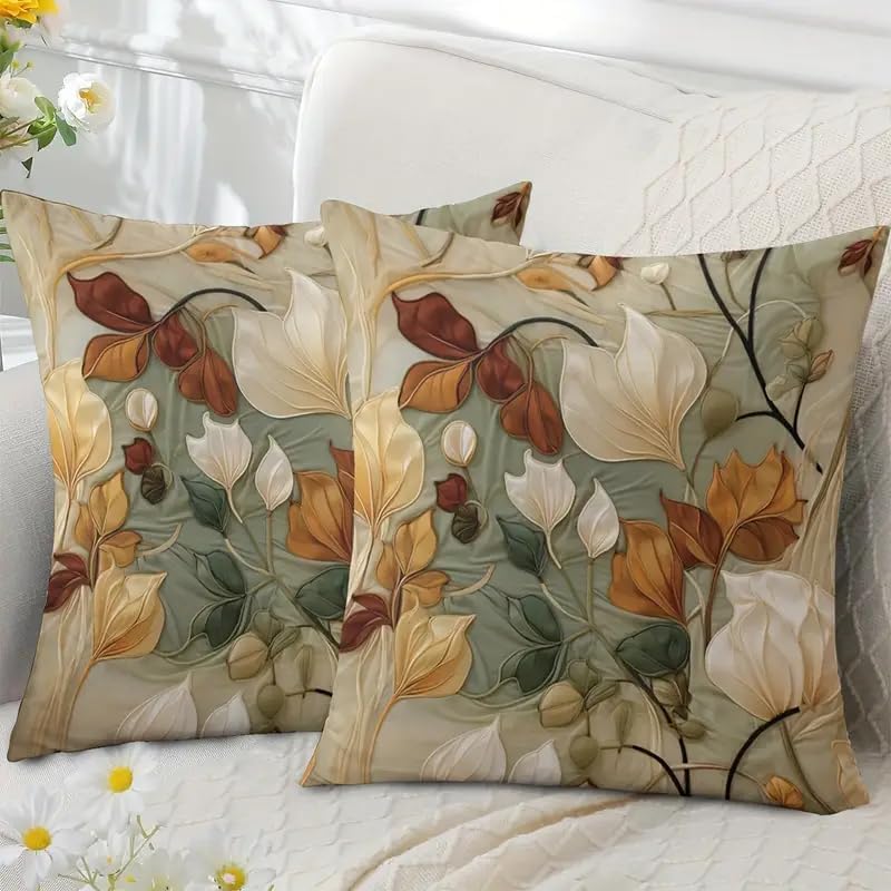 Decorative Throw Pillow Covers, Vintage Floral Pattern in Sage Green and Brown, 2 Pack Square Cushion Cases with Autumn Leaves Design，18x18 Pillows Linen Pillowcase - Image 4