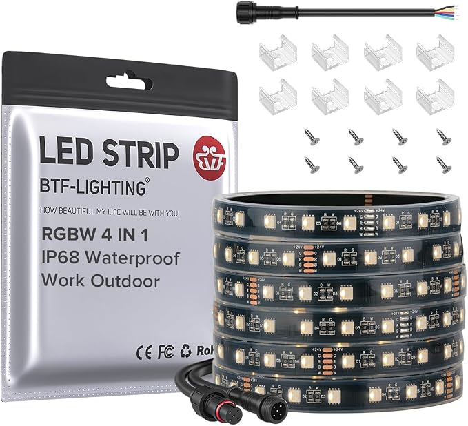 BTF-LIGHTING RGBW LED Strip IP68 Waterproof Warm White DC24V 16.4FT 300LED by BTF-LIGHTING