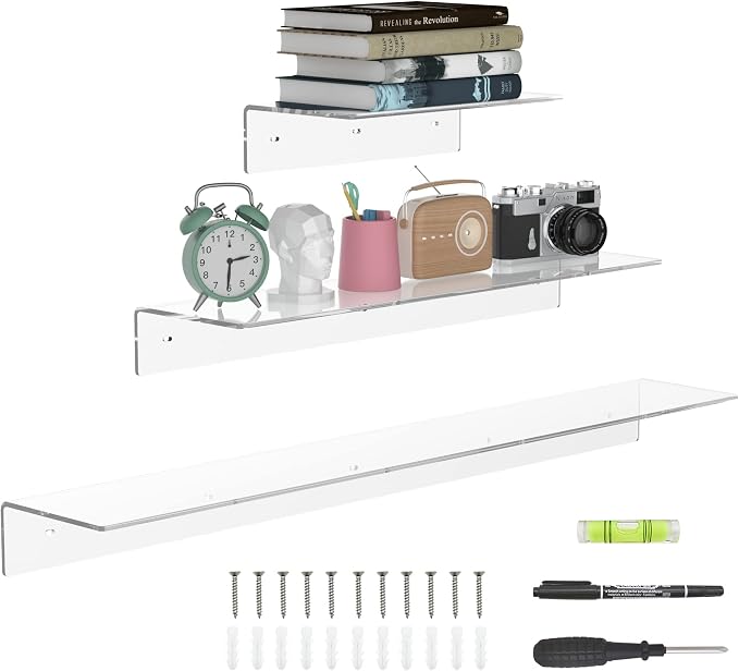Sezanrpt Acrylic Wall Shelves 36 24 12 Inches, Clear Floating Shelf for Wall, Wall Mounted Display Shelves for Plants, Radio, Funko Pop, Stuffed Animal, Books, Clock, Cosmetics, Toiletries by Sezanrpt