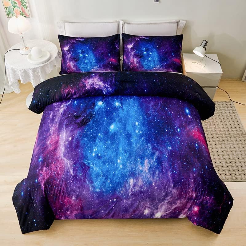 Galaxy Comforter Sets Twin 7PCS,Purple Comforter Set,Girls Bed Sets,Bed in a Bag with Flat Sheet and Fitted Sheet,Pillowcases,Cushion Covers for Girls,Purple Galaxy Twin Bedding Sets - Image 4