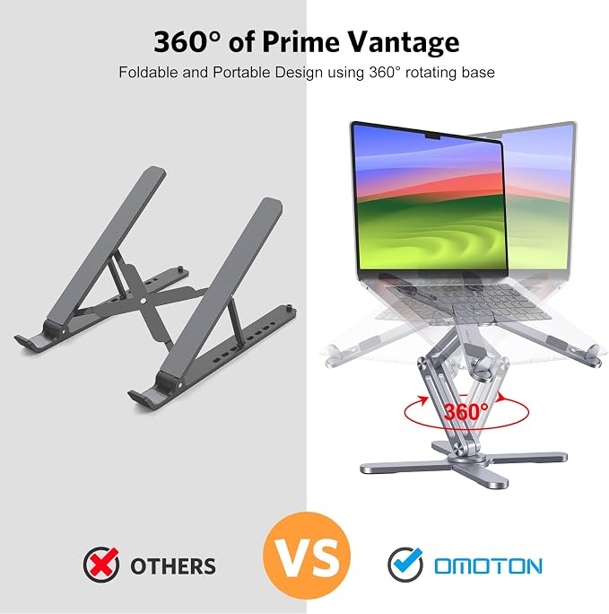 OMOTON LA10 360° Rotating Laptop Stand Riser Foldable for Desk, Space Grey | Aluminium Aolly, Tool-free Adjustable Height Angles, Collaborative Work, Easy Storage, Fits 11"-17" MacBook Pro/Air, Dell, HP - Image 2