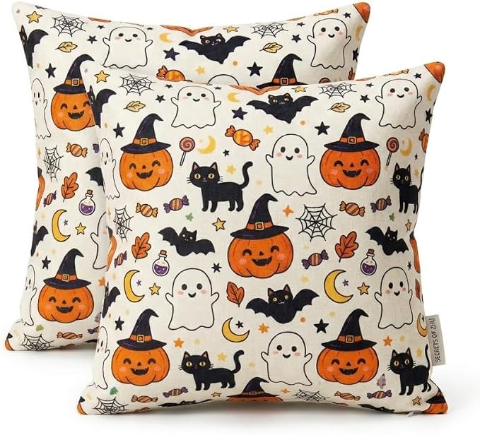 Halloween Throw Pillow Covers, Pumpkin Ghost Linen, 18x18 Inch, Set of 2, Envelope Closure, Living Room Decor by Unknown
