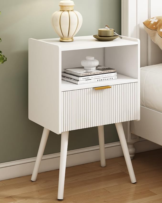 JOONEE White Nightstand,Modern Bedside Table with Storage Drawer and Open Wood Shelf, for Living Room, Bedroom and Small Spaces, Accent Night Stand with Solid Wood Legs, Easy Assembly,Classic White by JOONEE