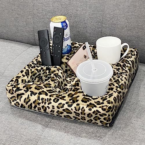 Couch and Bed Cup Holder Pillow, Sofa Refreshment Tray for Drinks/Remote Control/Snacks Holder (Leopard) - Image 2