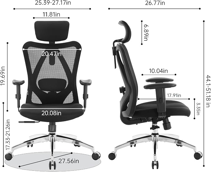 SIHOO M18 Ergonomic Office Chair, Mesh Back Desk Chair with Headrest | Adjustable Lumbar Support, Hold 330lbs Computer Chair with 2D Armrests & Wide Cushion, Tilt Lock, for Home Office - Black - Image 3