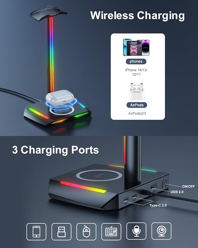 New Bee RGB Headphone Stand with 2 USB-C & 1 USB Charging Ports, Desk Gaming Headset Holder with 7 Light Modes and Non-Slip Rubber Base Suitable for All Earphone Accessories | 2 USB-C & 1 USB Charging Ports, 7 Light Modes, All Earphone Accessories - Image 3