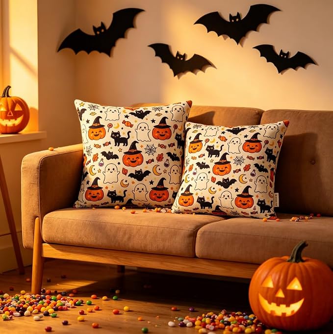 Halloween Throw Pillow Covers, Pumpkin Ghost Linen, 18x18 Inch, Set of 2, Envelope Closure, Living Room Decor - Image 6