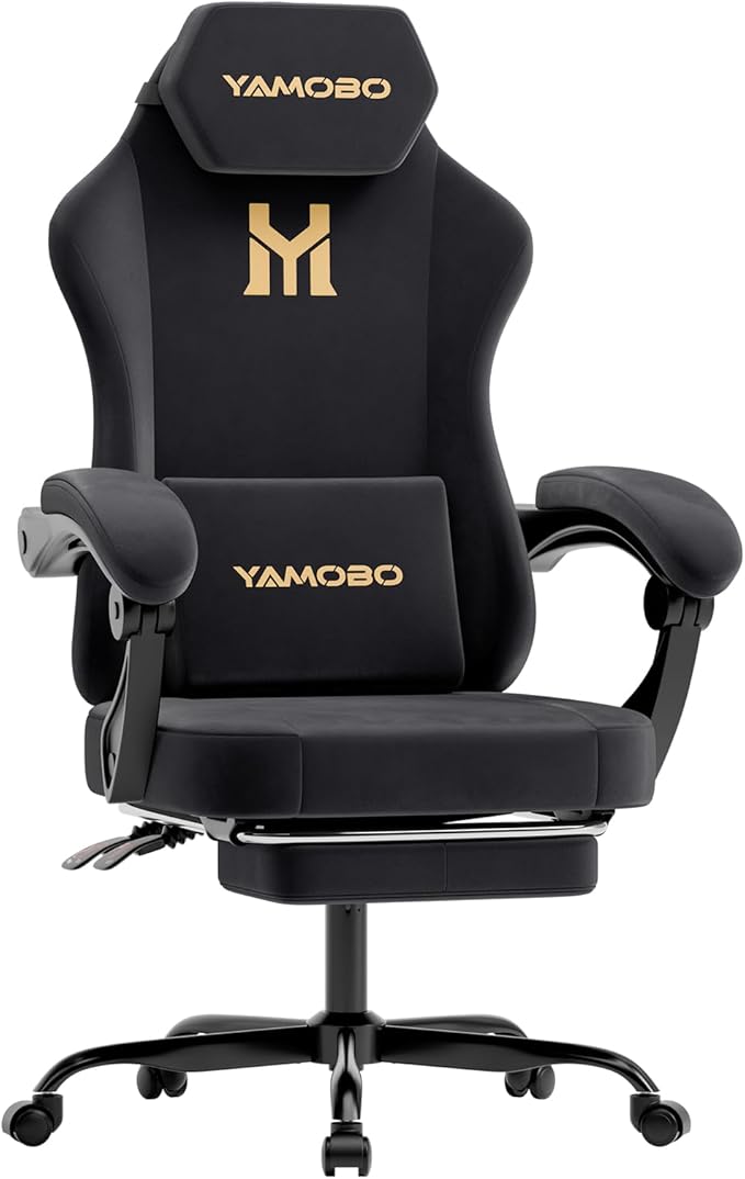 Gaming Chair with Footrest, Game Chair with Lumbar and Headrest Massage Support for Adults, Ergonomic Fabric High Back Computer Desk Gamer Chair with 360°Swivel Wheels for Office, Black by YAMOBO