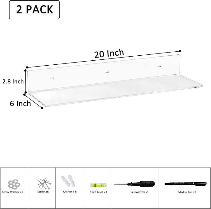 Sezanrpt 20 Inch Clear Wall Shelves for Wall, Wall Mounted Acrylic Floating Shelf for Plants, Speaker, Radio, Funko Pop, Stuffed Animal, Books, Cosmetics, Toiletries, 2 Pack (20 Inch) - Image 3