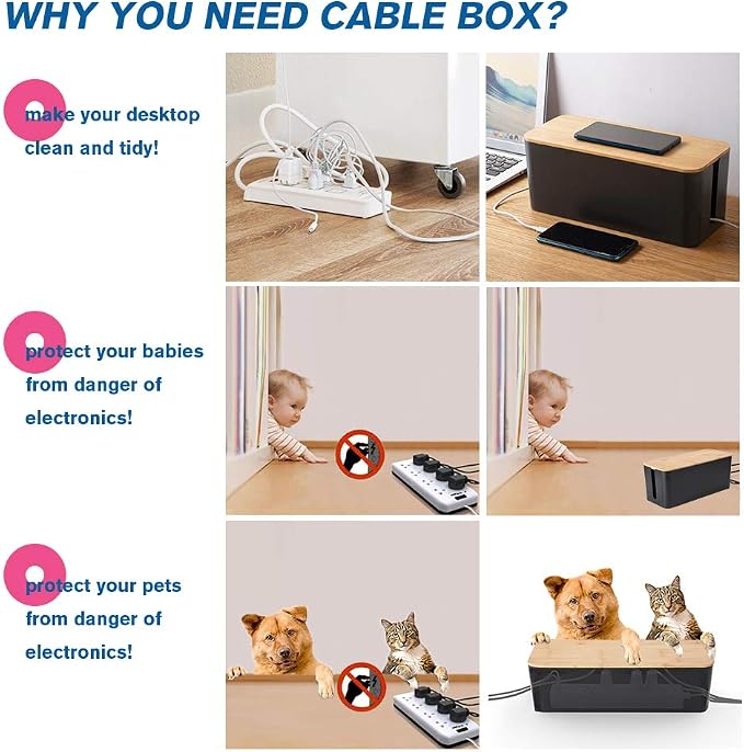 PowerKing Cable Management Boxes Organizer, Bamboo Lid, Large Storage Wires Keeper Holder for Desk, TV, Computer, USB Hub, System to Cover and Hide & Power Strips & Cords (Luxury Black) - Image 3