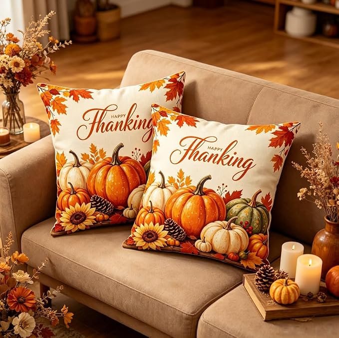 Thanksgiving Throw Pillow Covers, Linen, 18x18 Inch, Set of 2, Happy Thanksgiving Pumpkin Fall Design, Farmhouse Style, Machine Washable - Image 6