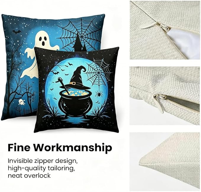 Halloween Throw Pillow Covers, Ghost and Witch Cauldron Design, Linen, 18x18 Inch, Set of 2 - Image 2