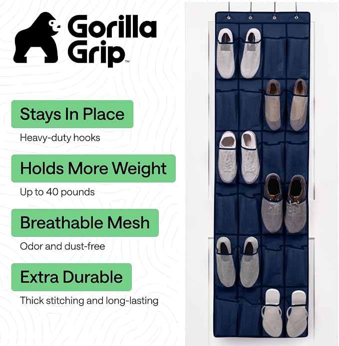 GORILLA GRIP Over the Door Shoe Organizer, 24 Large Pockets, Navy - Image 2