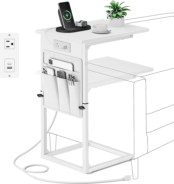 Vagusicc C Shaped End Table with Charging Station, Adjustable Height Side Table for Couch, Small Sofa Table for Small Spaces, Slide Under Sofa Table TV Tray Arm Tables for Living Room, Bedroom, White by Vagusicc