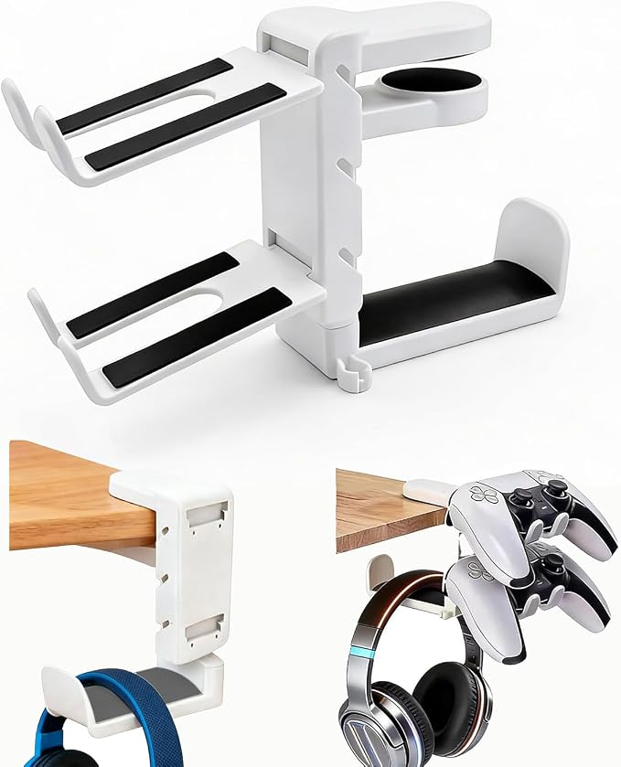 Rotatable Under Desk Headphone Hanger with 2 Controller Slots - 3-in-1 Gaming Accessory with Adjustable Clamp & Cable Organizer,for Home Gaming Xbox ps5 -White by Janniyard