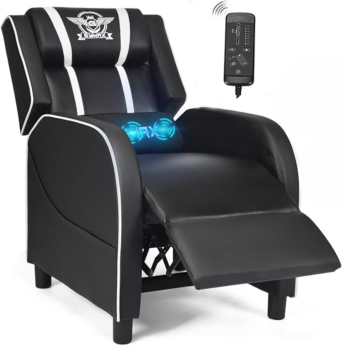 POWERSTONE Gaming Recliner Chair, Reclining Gaming Chairs for Adults Ergonomic Leather Sofa with Footrest Lumbar Support Headrest and Side Pouch for Living Room Home Theater, White by POWERSTONE%C2%AE