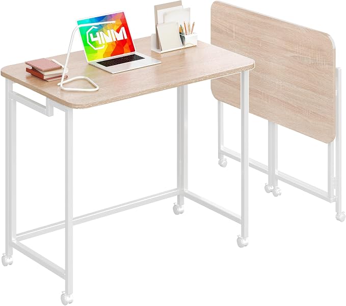 4NM 27.5" Mobile Small Rolling Computer Desk, Folding Laptop Cart Table with Wheels, Portable Office Desk for Small Space Couch Bed - Natural and White by 4NM