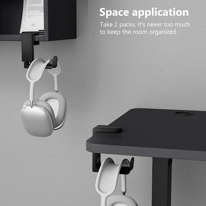 EURPMASK 2 Pack Rotating Headphone Stand,Adjustable Clamp-on Headset Holder | 360°Swivel,Headset Hanger Hook Under Desk,No Residue,Cable Organizer,Soft Rubber Pads,Keep Headphones Secure&Desk Tidy,Black - Image 3