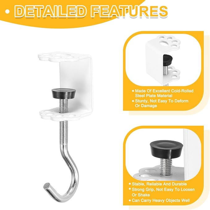 PATIKIL Desk Hook, 2Pcs Desk Mount Bag Holder Hook Cat Claws J Hooks for Hanging Bag Backpack Under Desk Clamp Purse Adjustable Headphone Table Closet Door Under Counter, White - Image 3