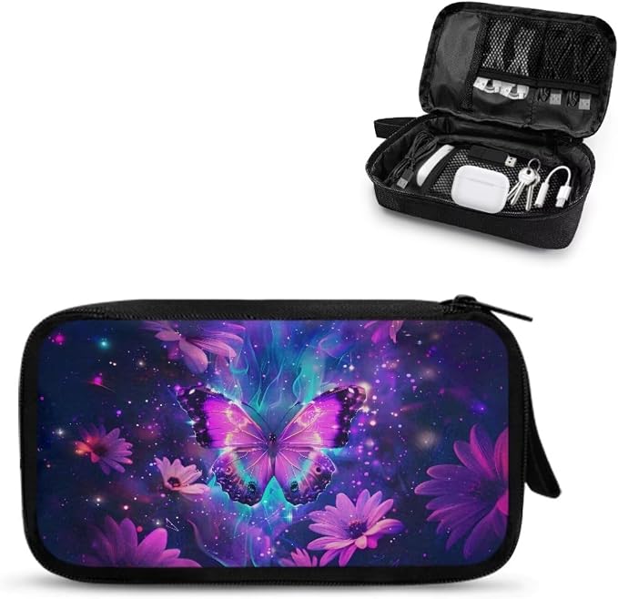 Purple Floral Butterfly Print Electronic Organizer Travel Universal Accessories Storage Bag Portable for Hard Drives, Cables, Memory Sticks, Charger, Phone, USB, SD Cards by Unknown