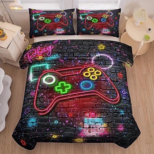 NINENINE Gaming Bedding Sets for Boys 5PCS Queen Size Gaming Comforter Gampad Contoller Video Kids Teens Black Bedding Comforter Sheet Set(1Comforter, 1Flat Sheet, 1Fitted Sheet, 2Pillowcases) - Image 3