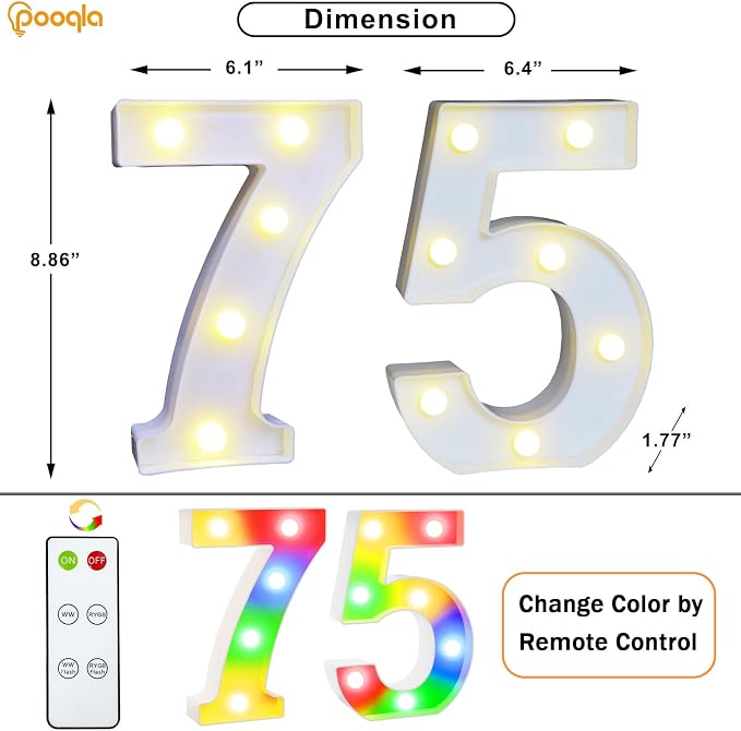 Pooqla 75th Birthday Decoration for Her Him, Decorative LED Light Up Numbers, Marquee Numbers 75 Sign for Party Backdrop 75th Wedding Anniversary Decor Gift, Warm White and Colorful Number 75 - Image 3