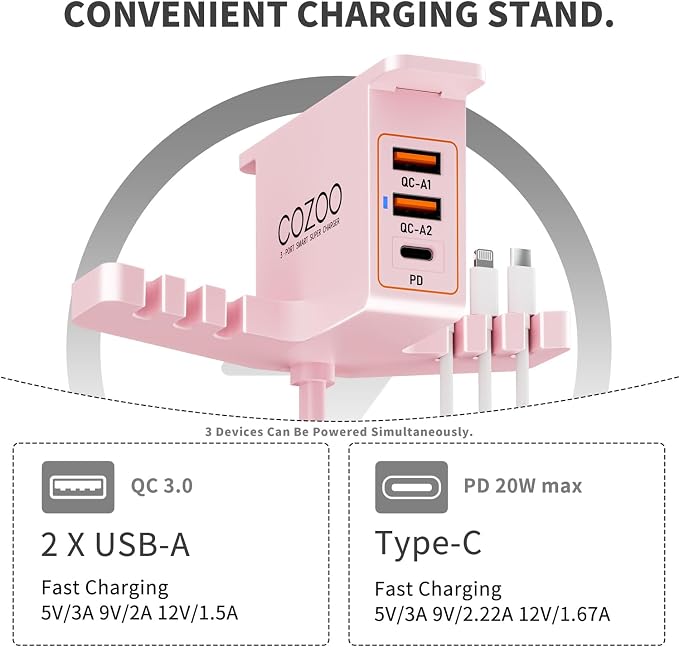 cozoo Desk Headphone Holder Hook Headset Watch Cable Bag Storage Pink | 2 USB-A & 1 Type-C Ports; Holds Headphones,Watches, Cables, Various Bags,Multifunctional Desk Storage Hook for Gaming Office - Image 3