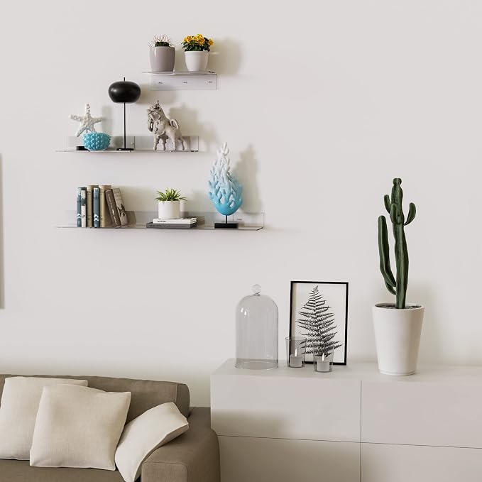 Sezanrpt Acrylic Wall Shelves 36 24 12 Inches, Clear Floating Shelf for Wall, Wall Mounted Display Shelves for Plants, Radio, Funko Pop, Stuffed Animal, Books, Clock, Cosmetics, Toiletries - Image 2