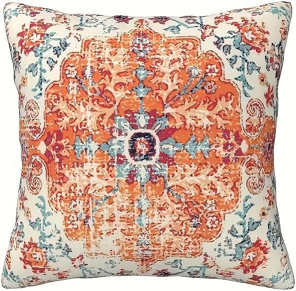 4pcs Orange Blue Ethnic Boho Pillow Covers, Vintage Rust Coral Floral Decorative Pillow Cases for Living Room Bedroom Bed Cushion Outdoor Home Decor, 18x18 Pillows Linen Pillowcase - Image 4