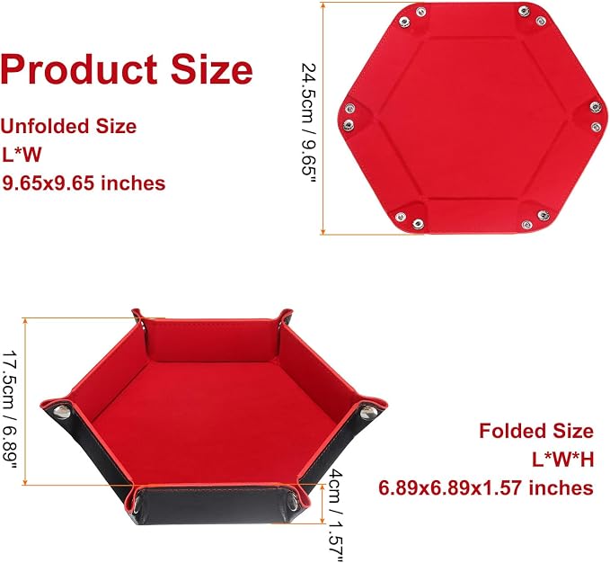 HARFINGTON PU Leather Dice Tray Unisex Valet Tray Folding Hexagon Tray Portable Entryway Table Nightstand Bedside Desk Holder for Key Wallet Watch Coin Jewelry, Red - Image 2