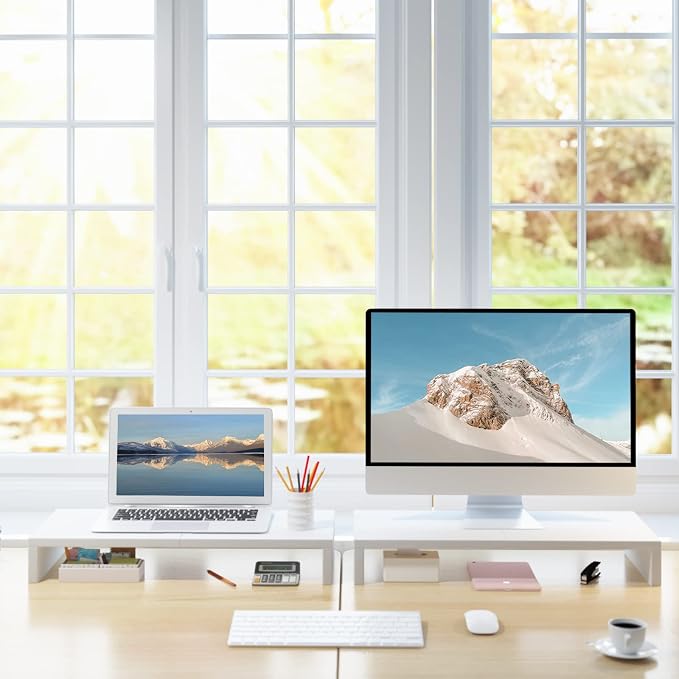 TEAMIX 2 Pack White Monitor Stand Riser 20 inch, Wooden Desktop Stand Shelf | For 2 Monitors, Laptop, Printer, TV, PC Tower, Full Keyboard Storage Underneath, Desk Organizer for Home Office Gaming Vanity - Image 8