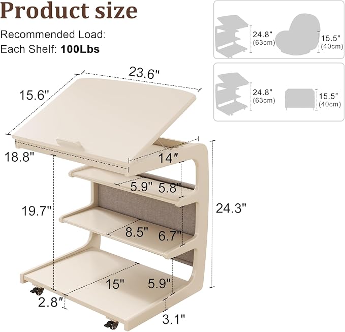 AQIMUELE Rolling Side Table, C Shaped End Table, C Table with 4 Wheels Solid Wood Small Rolling Desk with Adjustable Desktop,C Shaped End Table for Couch,Home Office(15.6" D x 23.6" W x 24.3" H) - Image 6