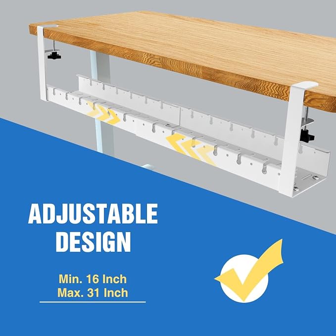 No Drilling Extendable Under Desk Cable Management, Metal Cable Management Tray Under Desk with Clamp, Retractable Power Strip Cord Holder for Wire Management 31Inch (1 Pack White) - Image 2