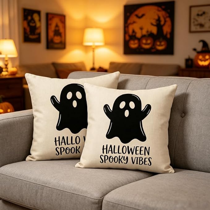 Halloween Ghost Throw Pillow Covers, Linen, 18x18 Inch, Set of 2, Spooky Vibes Design, Square, Machine Washable - Image 4