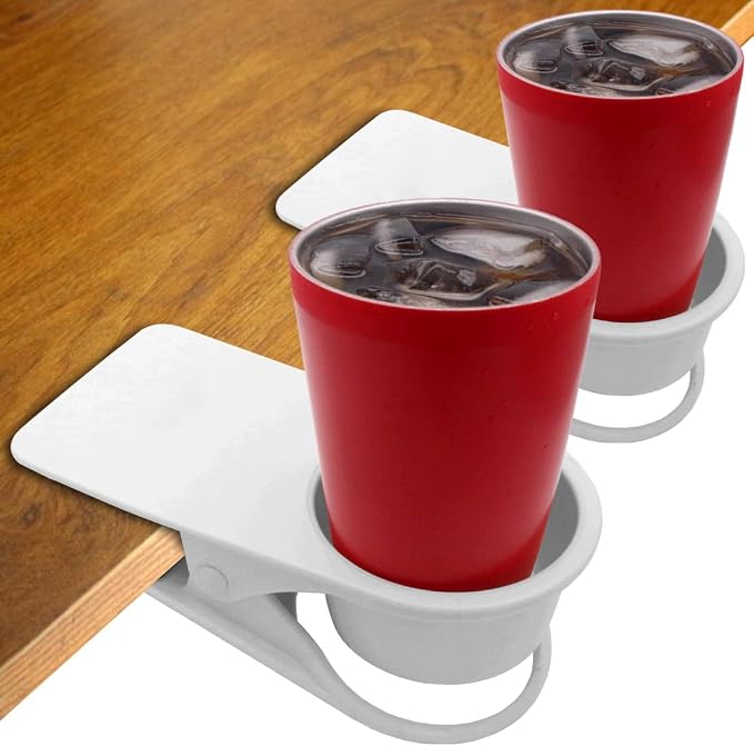YOY 2 Pack Drink Cup Holder Clip - Table Desk Side Water Glass Beer Bottle Beverage Soda Coffee Mug Holder Cup Saucer Clip Design for Home Office, White - Image 2