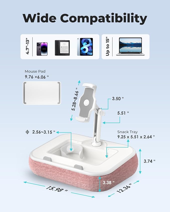 Viozon Kindle Pillow Stand Holder, Phone Holder for Bed, Laptop Lap Desk with Mouse Pad,Compatible with 4.7-13" Kindle/Tablet/Phone,10-15" Laptop, Snack Bowl&Cup Attachment&Detachable 360° Stand Arm,P - Image 4